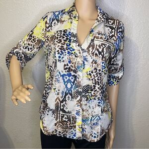 Bebe Serpentine Deep V Button Down Blouse Cream Yellow Blue Brown Size XS